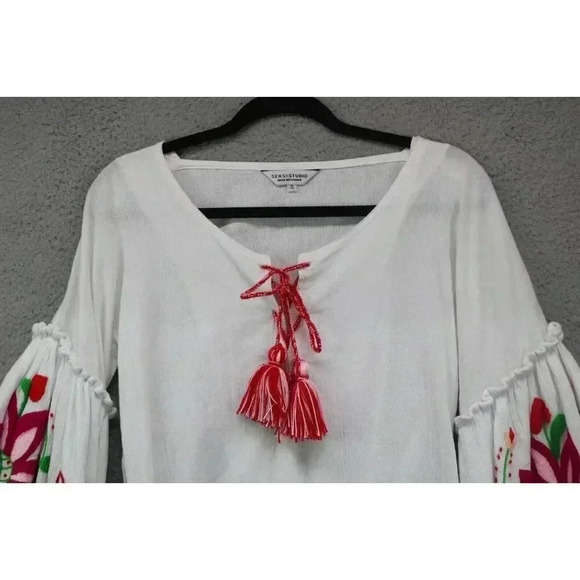 SensiStudio Embroidered Bell Sleeves Cotton Top-Size Small-Dolan Sleeves - Picture 2 of 10